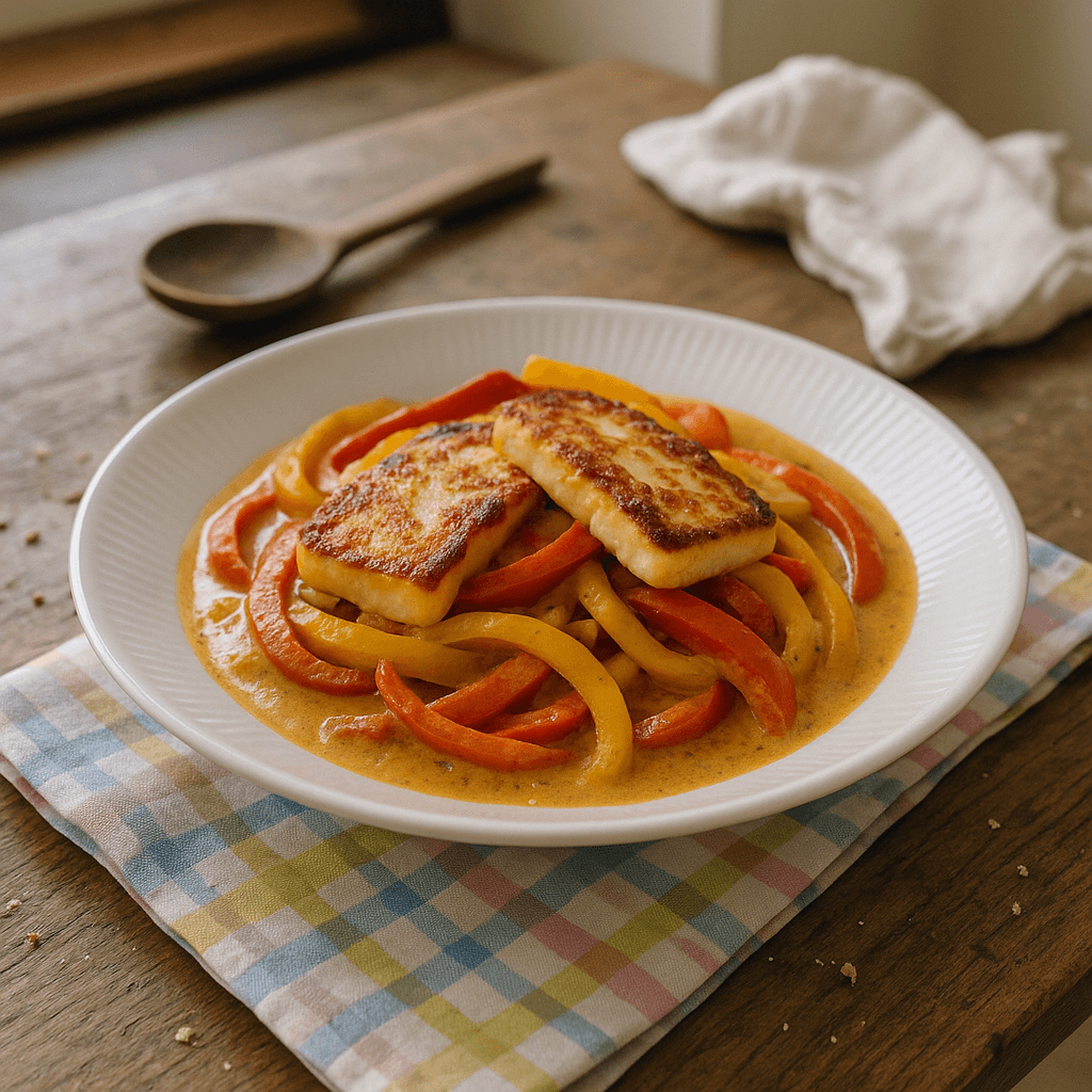 Halloumi og grøntsager i cremet Cajunsauce - Opskrift på hovedret, vegetarret