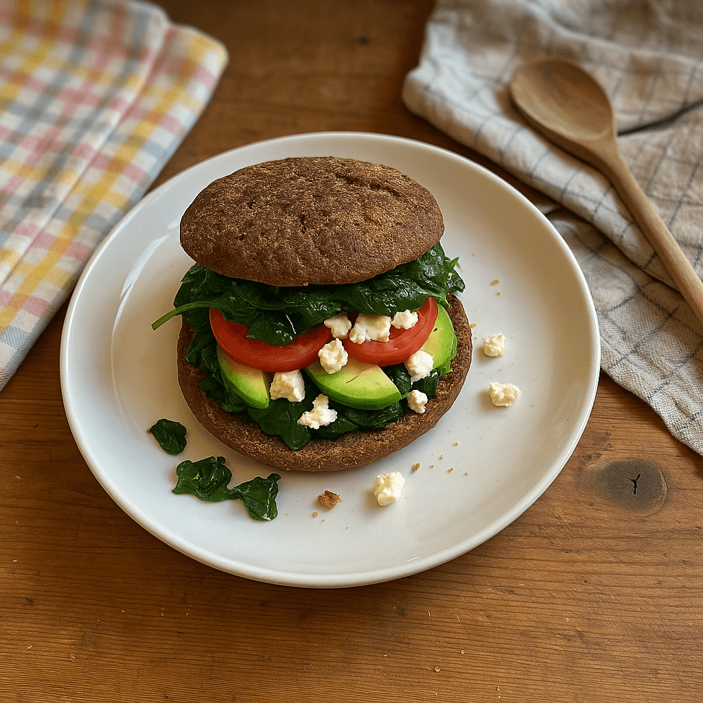 Rug-burger med syltet spinat - Opskrift på frokost, middag, vegetarisk