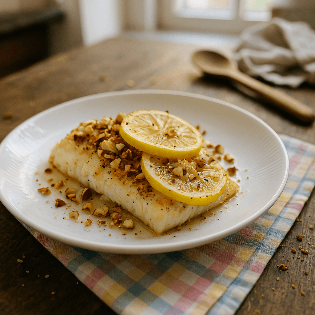 Ovnbagt torsk med citron og mandler - Opskrift på frokost, middag, hovedret
