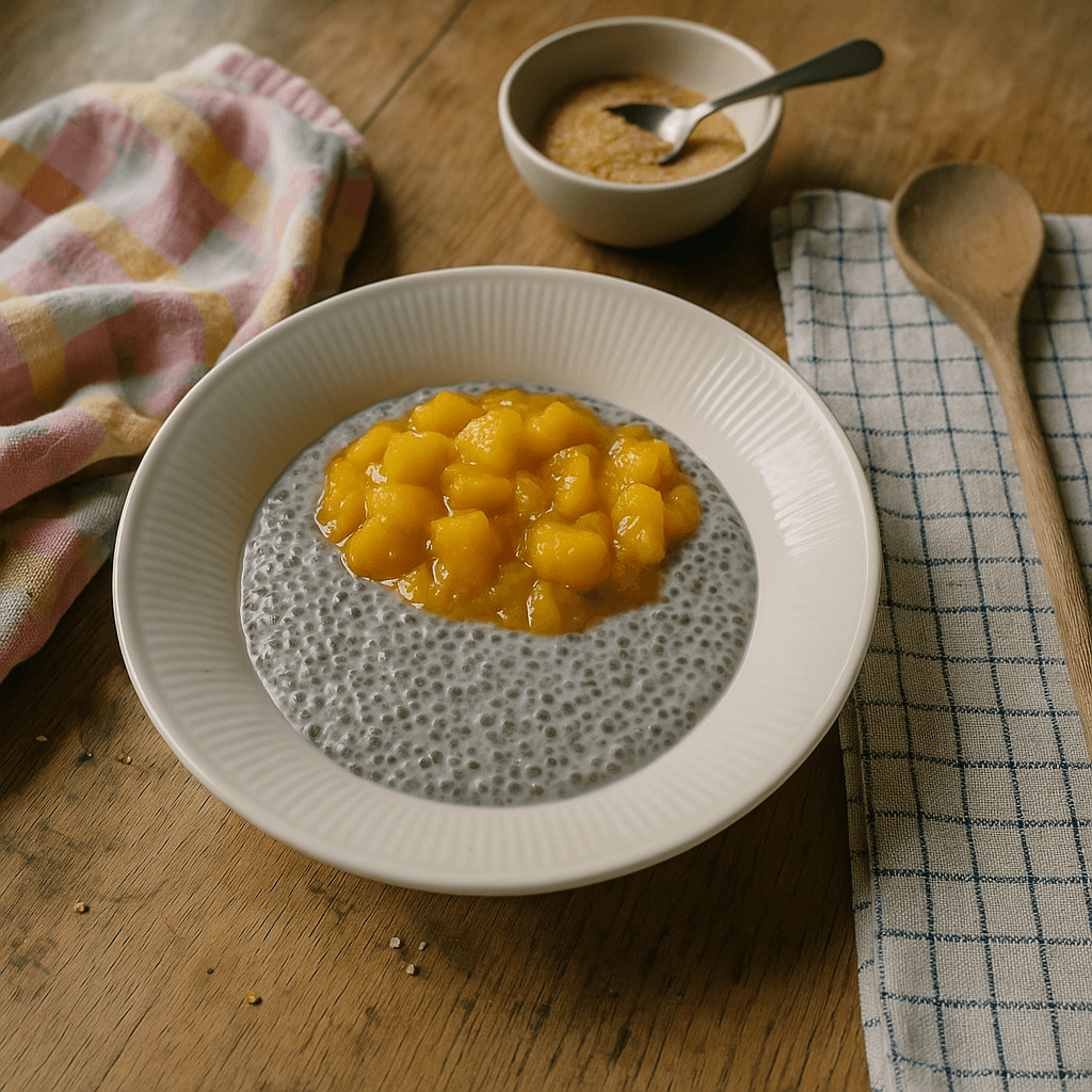 Chia pudding med mango-kompot - Opskrift på morgenmad, dessert, sundhed